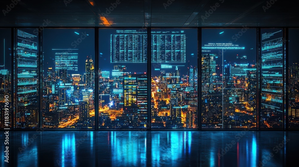 Poster monitoring urban standards in a futuristic control room high-tech environment glowing screens city v