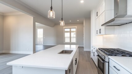 A modern minimalist kitchen with white countertops, minimalistic cabinetry, and an open layout.