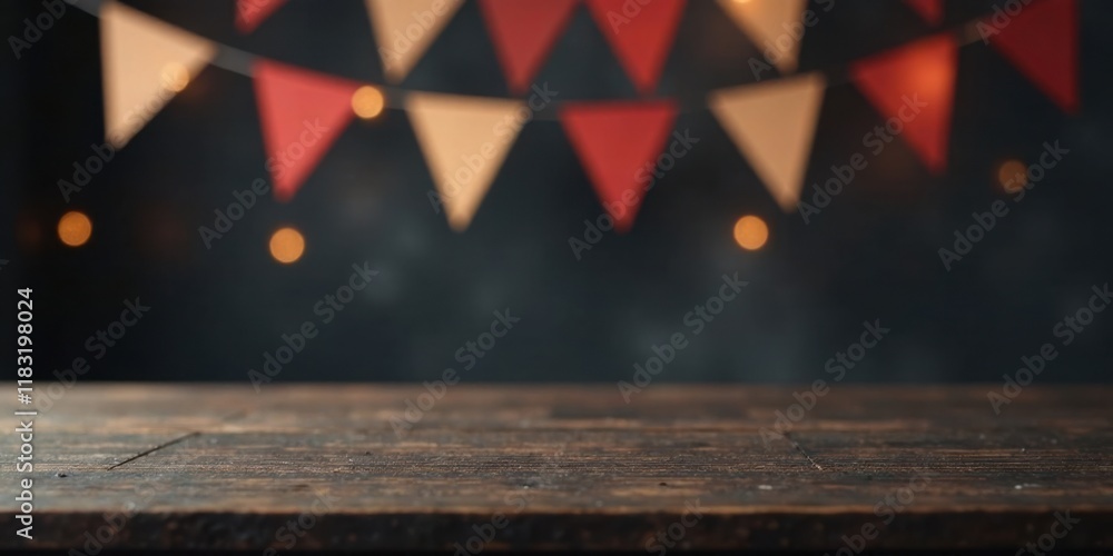 Poster rustic wooden table with festive blurred background of hanging triangles and lights