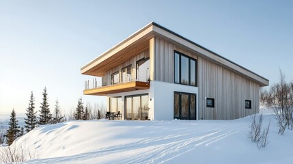 A modern Nordic home exterior with white walls, large windows, and a natural wooden facade.