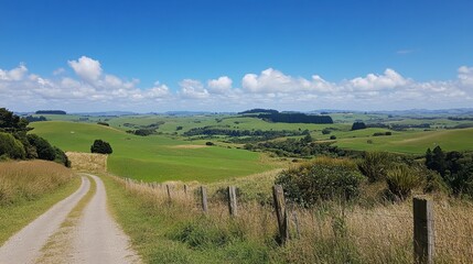 A scenic cycling route through rolling hills with vibrant fields, tranquil skies, and a softly curving road.