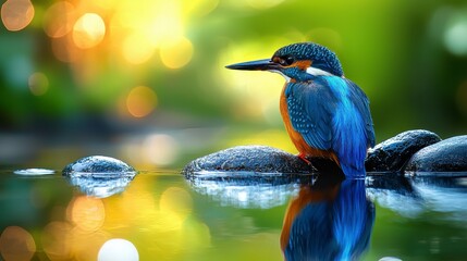 Vibrant kingfisher perched on rocks by calm water, reflecting its plumage.