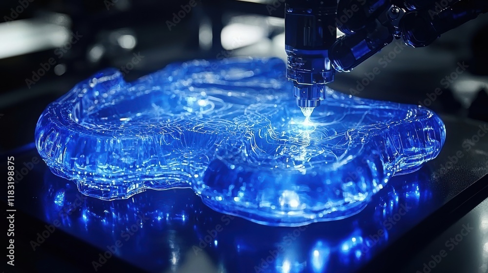 Poster Crafting intricate designs with a glowing robotic arm at a standard workshop in a high-tech environment