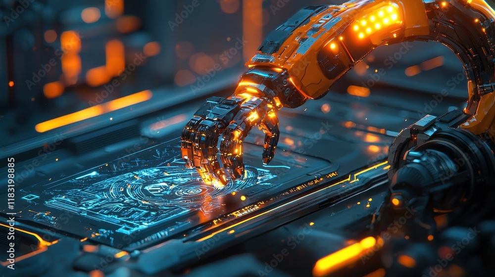 Poster Intricate design crafting by a glowing robotic arm on a standard in a high-tech environment for modern art creation