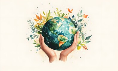 Hands Gently Holding Earth Surrounded by Lush Greenery