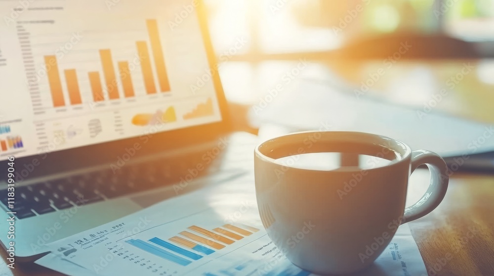 Aufkleber business analytics and coffee break: a cozy workspace with laptop and charts displaying data analysi