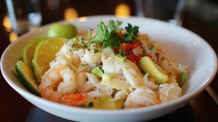 A seafood salad featuring crab meat, shrimp, and avocado, dressed with a light vinaigrette.