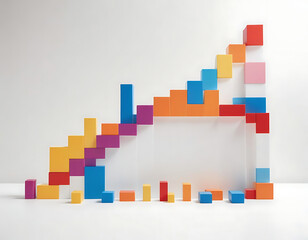 Fototapeta premium A bar graph made of colorful blocks, growing upward on a clean white backdrop.