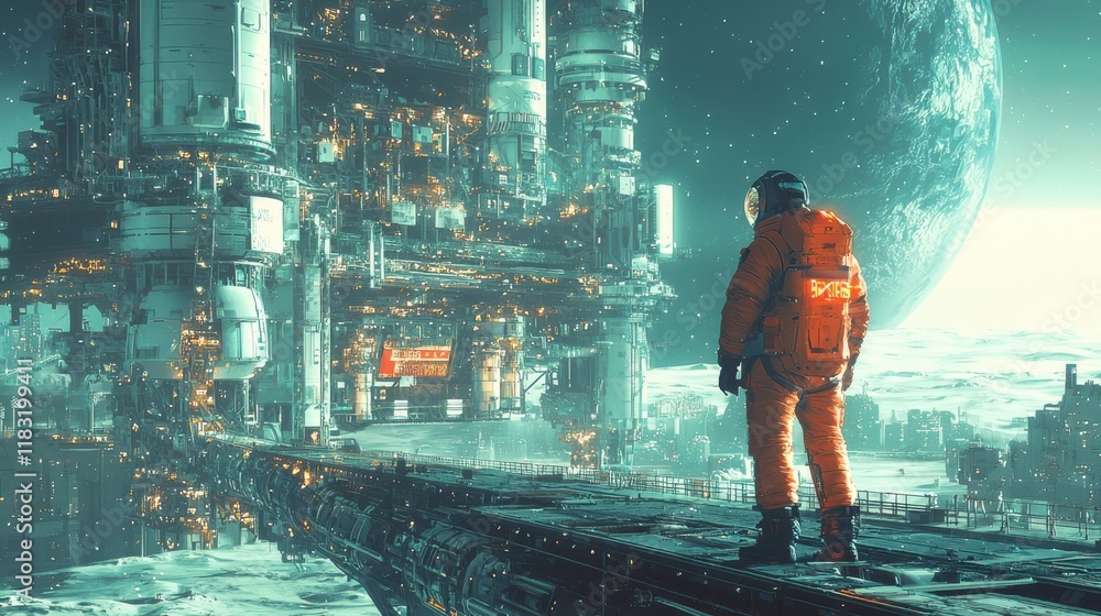 Poster building the future a glowing space elevator connecting earth to the cosmos digital art sci-fi envir