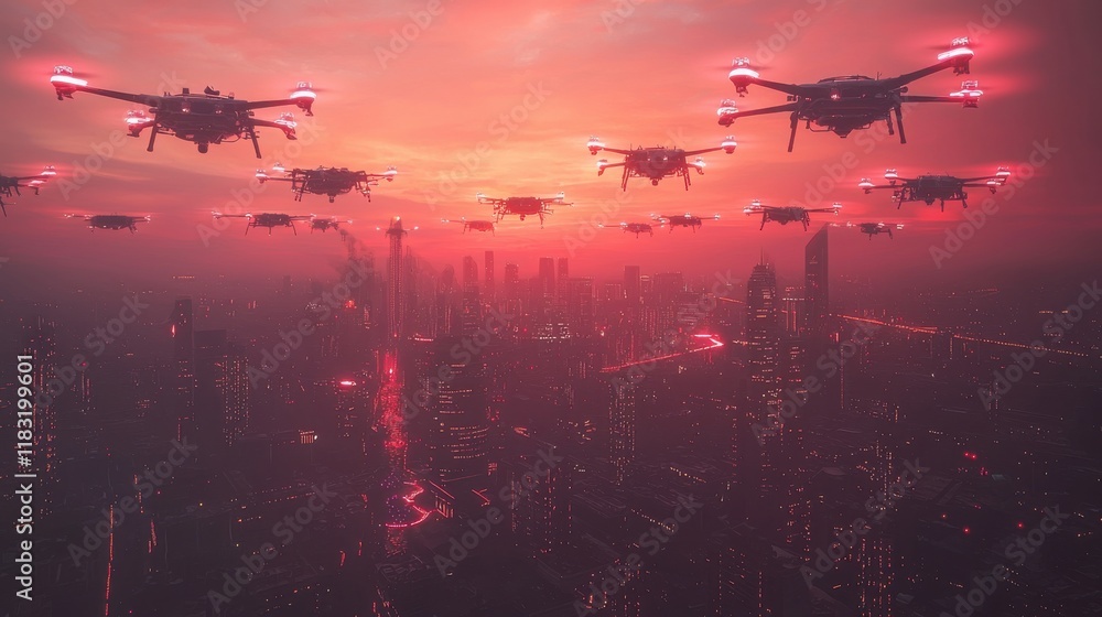 Aufkleber High-tech drone swarm mapping a futuristic cityscape urban environment aerial viewpoint advanced technology concept