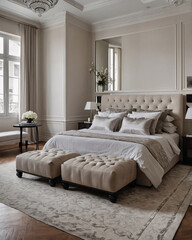 Fototapeta premium Elegant contemporary bedroom with black and white theme large windows and luxury furniture for a modern aesthetic Contemporary Interior Design Inspiration