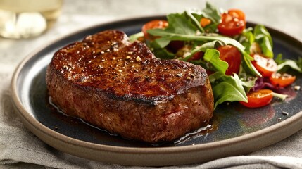 A perfectly seared steak with a rich, charred crust, resting on a plate with a colorful salad on the side.