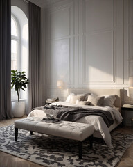 Elegant contemporary black and white bedroom with large windows luxury furniture and minimalist design elements Contemporary Interior Design Inspiration
