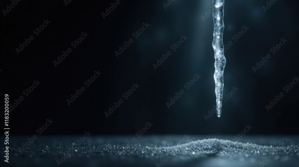 Poster a single icicle melts into a pile of sparkling ice crystals on a dark background
