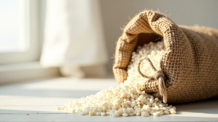 Sunlit Burlap Sack Overflowing with Small White Grains on a Light Wooden Surface