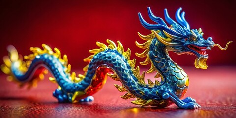 Fototapeta premium Miniature Glass Dragon Figurine, Blue Yellow, Red Background, Long Exposure Photography