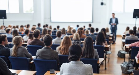 Obraz premium Audience with blurred speaker giving presentation in bright university workshop lecture hall background. Scientific conference presentation event, training, meeting