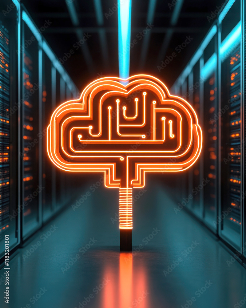 Poster futuristic neural network symbol in server environment.