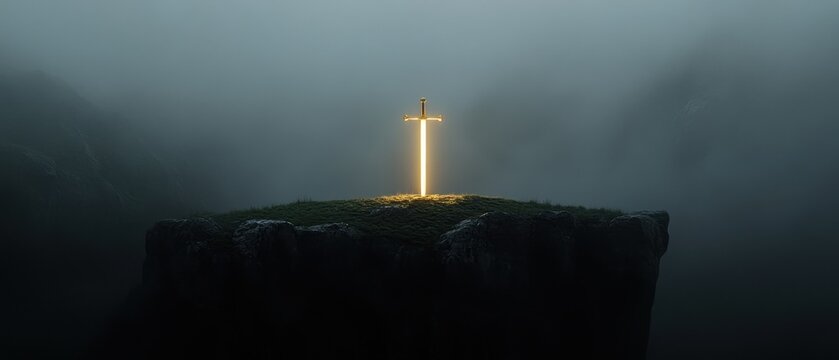Glowing Sword in Misty Mountains, A Fantasy Scene