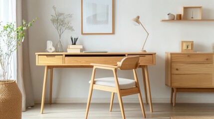 Fototapeta premium A Scandinavian home office with light wood furniture, a comfortable chair, and a minimalist design.
