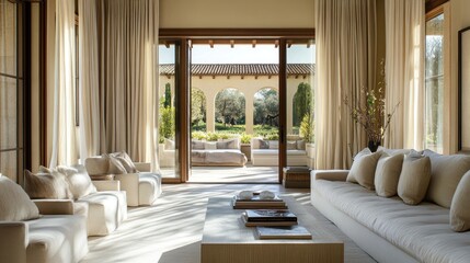 Fototapeta premium A serene hall with light-toned furniture, soft curtains, and a large glass door leading to a terrace.