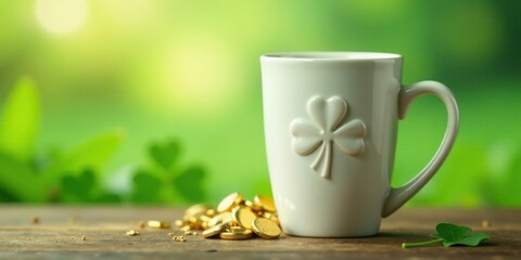 A white mug with shamrock design sits on a wooden surface, beside scattered gold coins and a small clover, set against a blurred green background.
