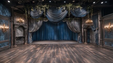 A spacious, elegantly lit stage with luxurious drapery and hardwood floors, ideal for a theatrical masterpiece.