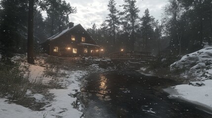 Winter Cabin by a Snowy River at Dusk