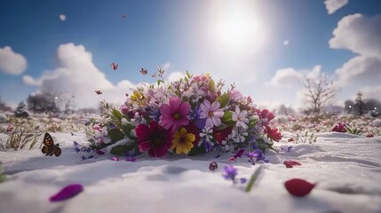 Obraz premium Winter Bouquet Snow Scene Butterflies Flowers