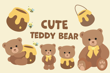Cute Teddy Bear Illustration with Honey and Bees