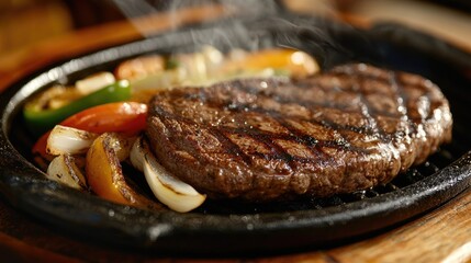 A sizzling hot steak on the grill, with steam rising as it cooks, and a side of grilled onions and peppers.