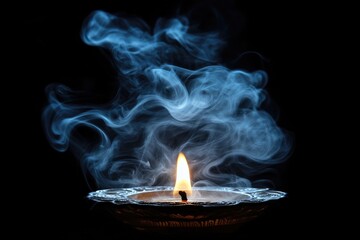 A single flame burns brightly with blue smoke rising