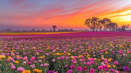 A stunning panoramic view of Flora Park's flower fields, showcasing an array of hues from pinks to yellows and purples.