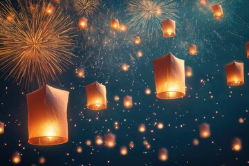 Obraz premium Illuminated Sky Lanterns Ascend Amidst Fireworks Display