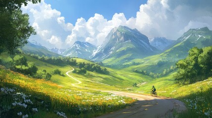 Fototapeta premium A sunny hill road curving gracefully through green valleys, with a cyclist leisurely exploring the vibrant scenery.