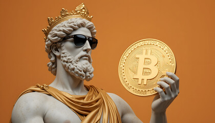 Greek marble statue holding a bitcoin, adorned with a golden crown and a black sun glasses, pastel orange background 