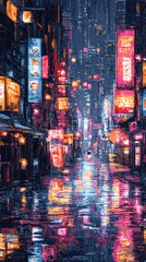 Obraz premium Rainy Night in Neon City: Pixel Art Streetscape