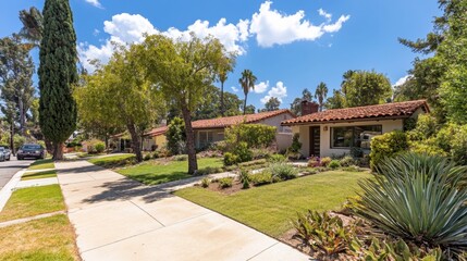 A sunny suburban view with elegant homes, a blue sky, and tree-lined sidewalks inviting a leisurely walk.