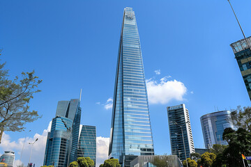 Fototapeta premium A breathtaking view of stunning modern skyscrapers towering against a clear blue sky, showcasing contemporary architecture and urban vibrancy. Ideal for business and travel themes.