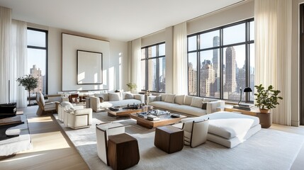 Fototapeta premium A spacious modern living room with high ceilings, large windows, and cozy furniture, bathed in natural light.