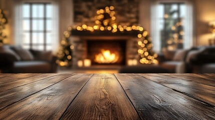 Wooden Tabletop Before Cozy Fireplace Christmas Scene