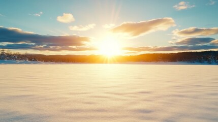 Fototapeta premium Winter Sunset over Snowy Field and Forest