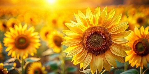 Fototapeta premium Miniature Sunflowers Fabric, Whimsical Tilt-Shift Photography of Blooming Sunflowers on Textile