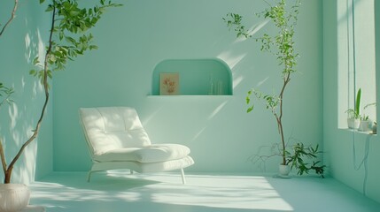 A tranquil pastel living room with pale mint walls, soft white furniture, and a small decorative shelf.