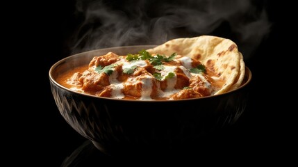 A steaming bowl of hot butter chicken paired with fresh naan bread, garnished with cilantro and cream.