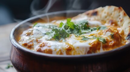 A steaming bowl of hot butter chicken paired with fresh naan bread, garnished with cilantro and cream.