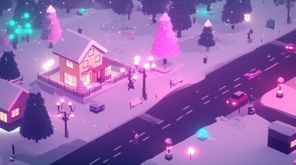 Obraz premium Winter Village Scene Cozy House and Snowy Street