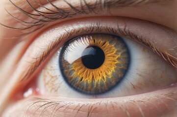 Close-up of a human eye with hazel iris showing intricate detail and texture.