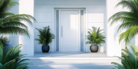 Fototapeta premium White wooden double doors, classic entryway, symmetrical potted palm trees, bright white brick exterior, blue doorstep, traditional American architecture, elegant home entrance, tropical landscaping, 