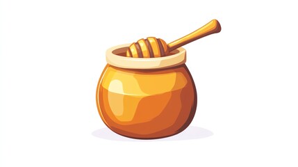 a 2D cartoon illustration of a jar of honey with a honey dipper, sweet and golden, white background--ar 16:9